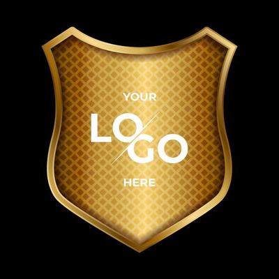 3D gold shield for logo holder with blank label and star. Symbol of security, power, protection. Badge shape shield graphic design Vector illustration