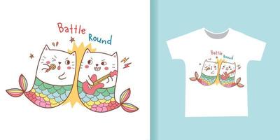 cute cat mermaid battle the music cartoon for t-shirt design. vector