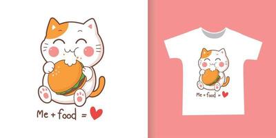 cute cat eating hamburger  cartoon for t-shirt.