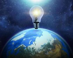 glowing light bulb. blue earth in space colorful solar system. Self learning or education knowledge and business studying concept. 3d render