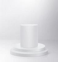 Shiny white round pedestal podium. Abstract high quality 3d concept illuminated pedestal by spotlights on white background. Futuristic background can be add on banners flyers ro web. 3d render photo