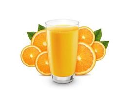 Fresh orange juice with fruits on white background.