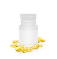 Healthy fish oil supplement capsules and mockup of pills bottle with blank label isolated on white background. 3d render photo