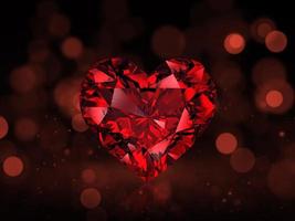 diamante en forma de corazón rojo sobre fondo rojo abstracto bokeh. renderizado 3d foto