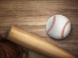 Baseball bat, glove and ball on wooden floor. Sport theme background with copy space for text and advertisment photo