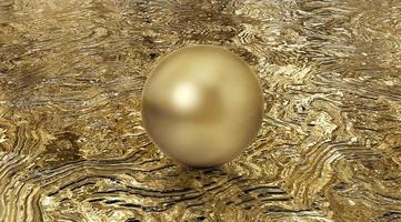Realistic glossy chromium golden ball with glares on reflection golden wave background. 3d render photo