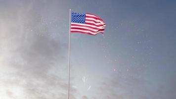 bandeira dos estados unidos. dia da independência americana com fundo de fogos de artifício video