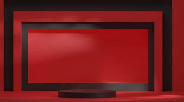 Sala abstracta de representación 3d con podio de cilindro negro realista, fondo de sala de estudio rojo y negro. para exhibición de productos presentación diseño de plataforma geométrica etapa de feria comercial foto