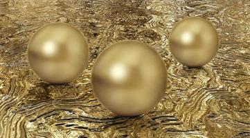 Realistic glossy chromium golden ball with glares on reflection golden wave background. 3d render photo