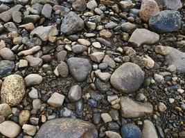 la piedra lisa del río se encuentra en el suelo cerca de la playa del río foto