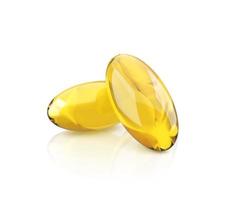 Golden oil capsule of vitamin A, E, Omega 3 or collagen. Vector realistic mockup of medical pill with fish fat or organic cosmetic oil. Clear yellow tablets isolated on transparent background. 3d rend photo