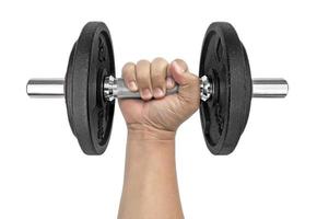 Hand holding dumbbell on isolated white background photo