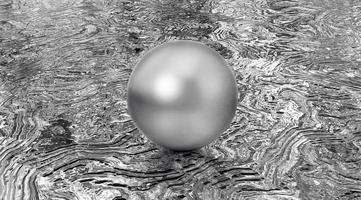 Realistic glossy chromium silver ball with glares on reflection silver wave background. 3d render photo