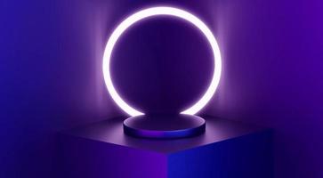 3D renders a dark purple and silver platform with shimmering neon and transparent glass rings. Geometric elements with minimal space for displaying banner mockup product designs