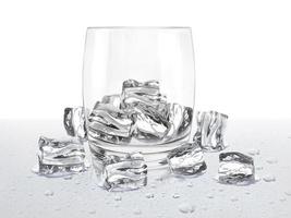 vaso vacío con cubitos de hielo en el suelo con gotas de agua. renderizado 3d