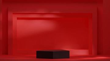 Sala abstracta de renderizado 3d con fondo de sala de estudio rojo de podio pentágono negro realista para presentación de productos. escenario de feria comercial de diseño de plataforma geométrica foto
