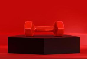 Dumbbells on black pentagon podium in the red studio photo