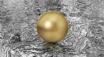 Realistic glossy chromium gold ball with glares on reflection silver Background. 3d render photo