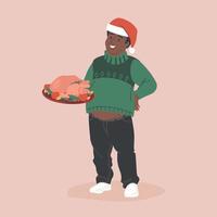 A man is holding a Christmas turkey on a platter. Fat man in santa costume. Vector concept.