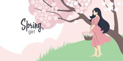 Spring girl. Beautiful girl with a basket of flowers on the background of spring nature. Vector image.