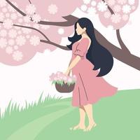 Spring girl. Beautiful girl with a basket of flowers against the backdrop of a spring landscape. Vector image.