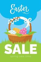 Easter holiday. Poster on the theme of the Easter sale. A basket of colored eggs stands on the grass. Vector image.