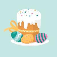 Easter holiday. Easter cake and colored eggs on a plate. Vector image.