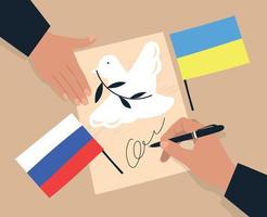 The signing of a peace treaty. A sheet of paper with the image of a dove of peace, the flags of Russia and Ukraine. A hand with a pen that signs a document. Vector image.