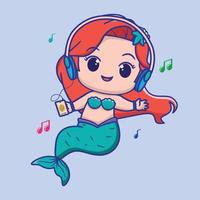 linda sirena escuchando música, para obras de arte de moda para niños, libros para niños, tarjetas de felicitación. vector