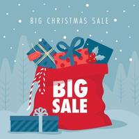 A bag with presents. Christmas sale illustration. Background for the poster of the store. Winter sale. vector