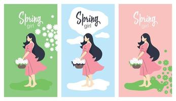 Spring girl. Set of vector illustrations. Girl with a basket of flowers in different colors.