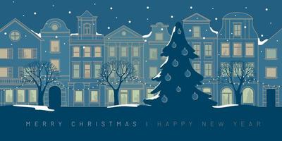 Merry christmas and happy new year greeting card. Festive winter street. Europe street. vector
