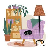 Cozy interior. House plants. Room interior with furniture and flowers. Vector image.