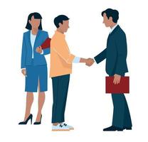Business people. Man and woman in business suits. Handshake, hiring, graduation, meeting colleagues. Office staff. Vector image.