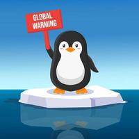 ilustración de calentamiento global con un lindo pingüino sosteniendo una pancarta de calentamiento global en el hielo flotante vector