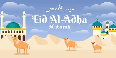 ilustración de fondo plano de eid al adha en el desierto con mezquita y tres camellos lindos vector