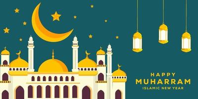 flat happy muharram and islamic new year background illustration with mosque, moon, and stars