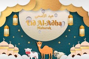 eid al adha illustration paper cut art with full moon, clouds, mosque, cute cow, sheep, and camel vector