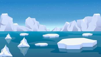 paisaje de hielo ártico con icebergs rotos y hielo flotante en el mar. efecto de calentamiento global vector