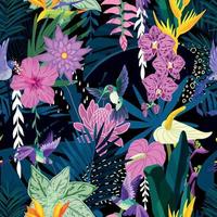 patrón tropical sin costuras con colibríes y flores de orquídeas. vector
