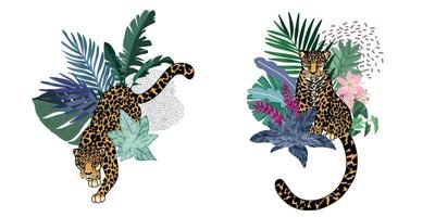 dos composiciones con leopardos y hojas tropicales vector