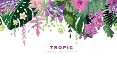 Tropical seamless border, green monstera leaves and pink tropical flowers vector
