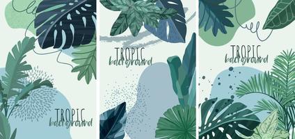 Set of three tropical backgrounds with leaves and abstract elements vector