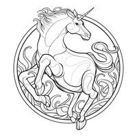 lindo hermoso unicornio mágico rodeado de flores y mariposas. ilustración vectorial en blanco y negro para colorear página. vector