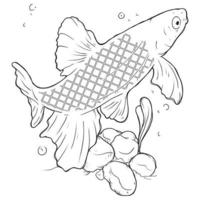 Black and white page for baby coloring book. Illustration of cute fishes swimming underwater. Printable template for kids. Worksheet for children and adults. Hand-drawn vector image.