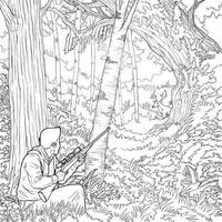 Man hunting in the forest waiting for his trophy on the meadow, a hunter with his rifle in the spring forest, hunter holding a rifle and waiting for prey, hunter aiming and shooting coloring page vector