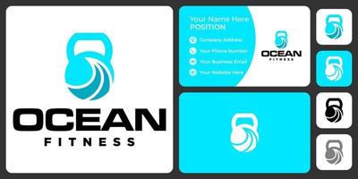 Ocean and kettlebell logo design with business card template. vector