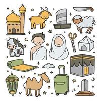 hajj y umrah doodle dibujado a mano dibujos animados musulmanes vector