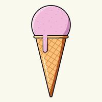 melting pink ice cream ball in waffle cone isolated outline flat design with creamy white background vector