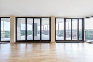 Modern white empty loft apartment interior, living room hall, ace panorama, Overlooking the metropolis city photo